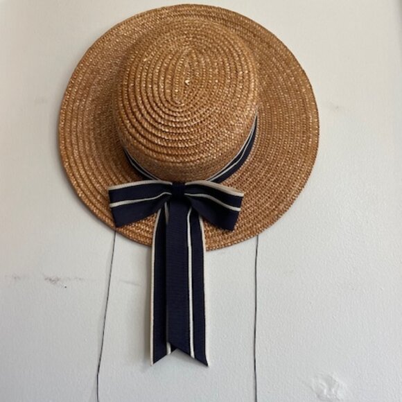 LAURA ASHLEY Vintage Straw Boater Hat with Navy White Ribbon Accent OS - Picture 2 of 16